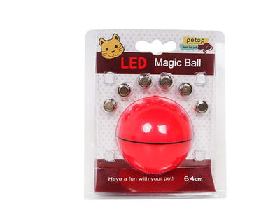 LED Laser Electronic Rolling Pet Funny Cat Toy Ball package with a red ball and batteries.