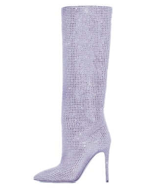 Women's Fashion Pointed Toe Stiletto Rhinestone Tall Boots in purple high-heeled design.