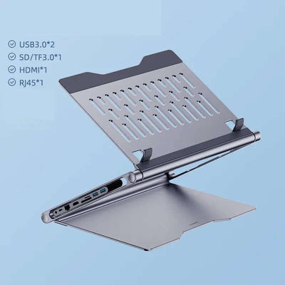 Lapstop Stand With 8-in-1 Docking Station showcasing USB, HDMI, and other ports for enhanced connectivity
