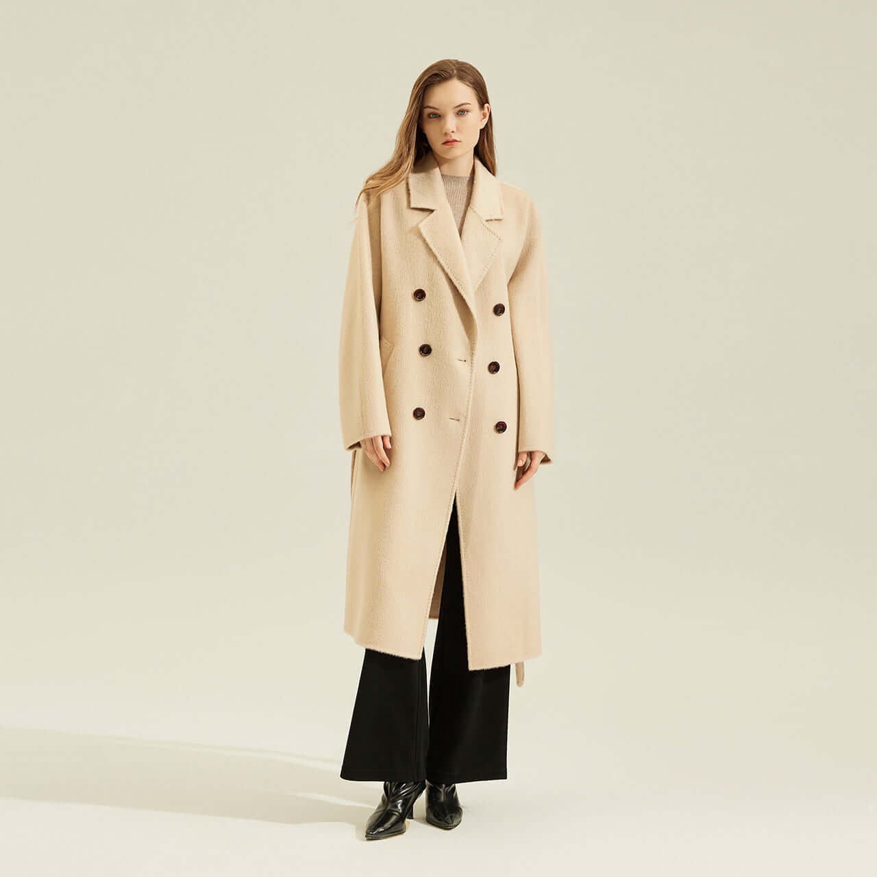 Women's Camel Coat Reversible Woolen Jacket modeled in solid color camel fabric on a female model.