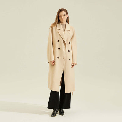 Women's Camel Coat Reversible Woolen Jacket modeled in solid color camel fabric on a female model.