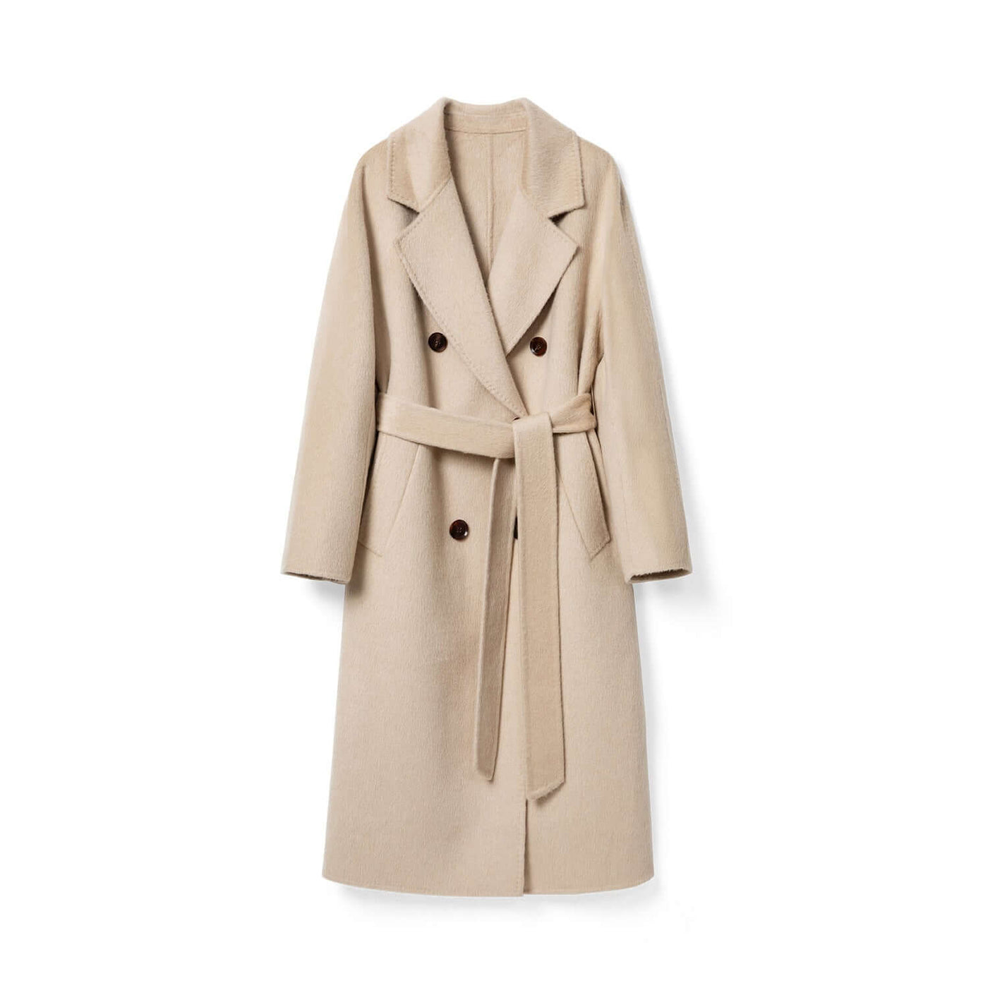 Women's Camel Coat Reversible Woolen Jacket in solid white camel color with a belted design.
