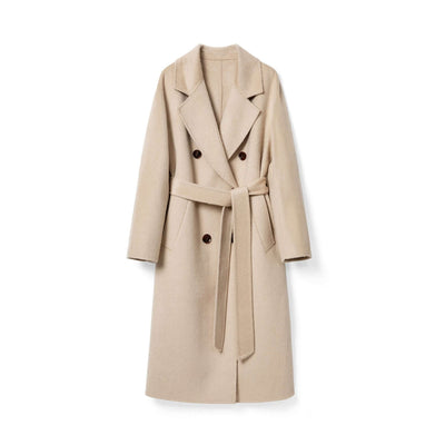 Women's Camel Coat Reversible Woolen Jacket in solid white camel color with a belted design.