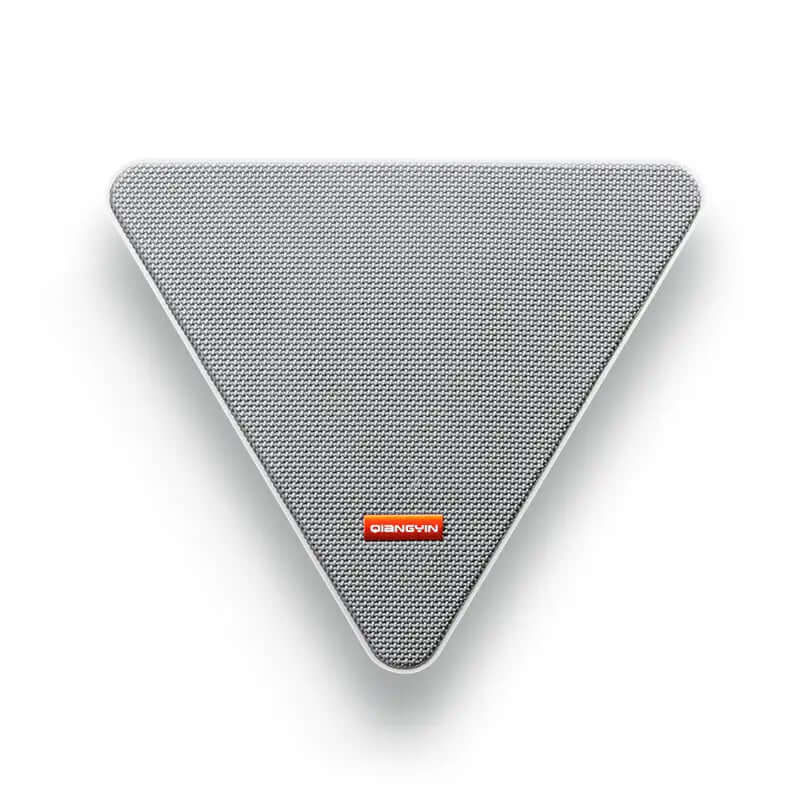 Fashionable Home Wall Mounted Bluetooth Speaker in triangular design with grey mesh finish.