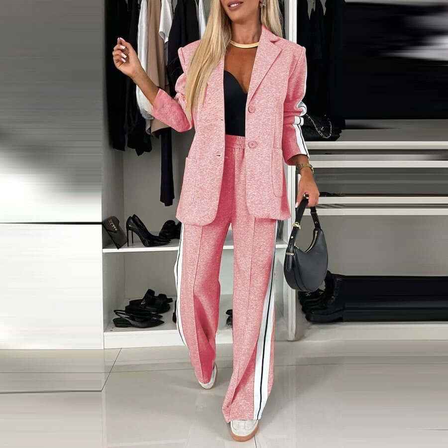 Women's Casual Suit Lapel Single-breasted Jacket And Striped Straight Pants Fashion Sports Trousers Suit Outerwears Clothing