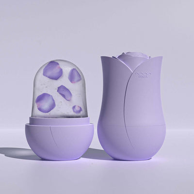 Cooling Roller Apply Face Plastic Ice Cube Tray in lavender with rose design for skincare use.