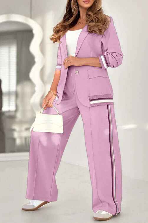 2 Pcs Set Women Suit Coat Pants Suit Lapel Long Sleeves Lady Jacket Wide Leg High Waist Trousers Female Commuting Office Outfit