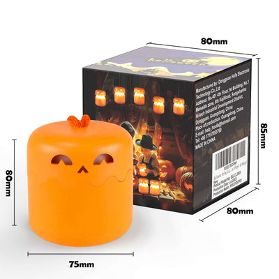 Halloween Pumpkin Lamp Foldable Portable Small Night Lamp with cute facial design and dimensions shown.