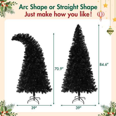 6FT Artificial Christmas Tree With LED Light, Pre-Lit Curved Shape Artificial Whimsical Xmas Tree With 900 Tips, Black Christmas Tree