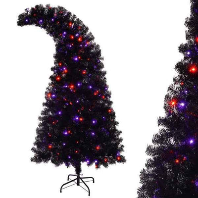 6FT Artificial Christmas Tree With LED Light, Pre-Lit Curved Shape Artificial Whimsical Xmas Tree With 900 Tips, Black Christmas Tree