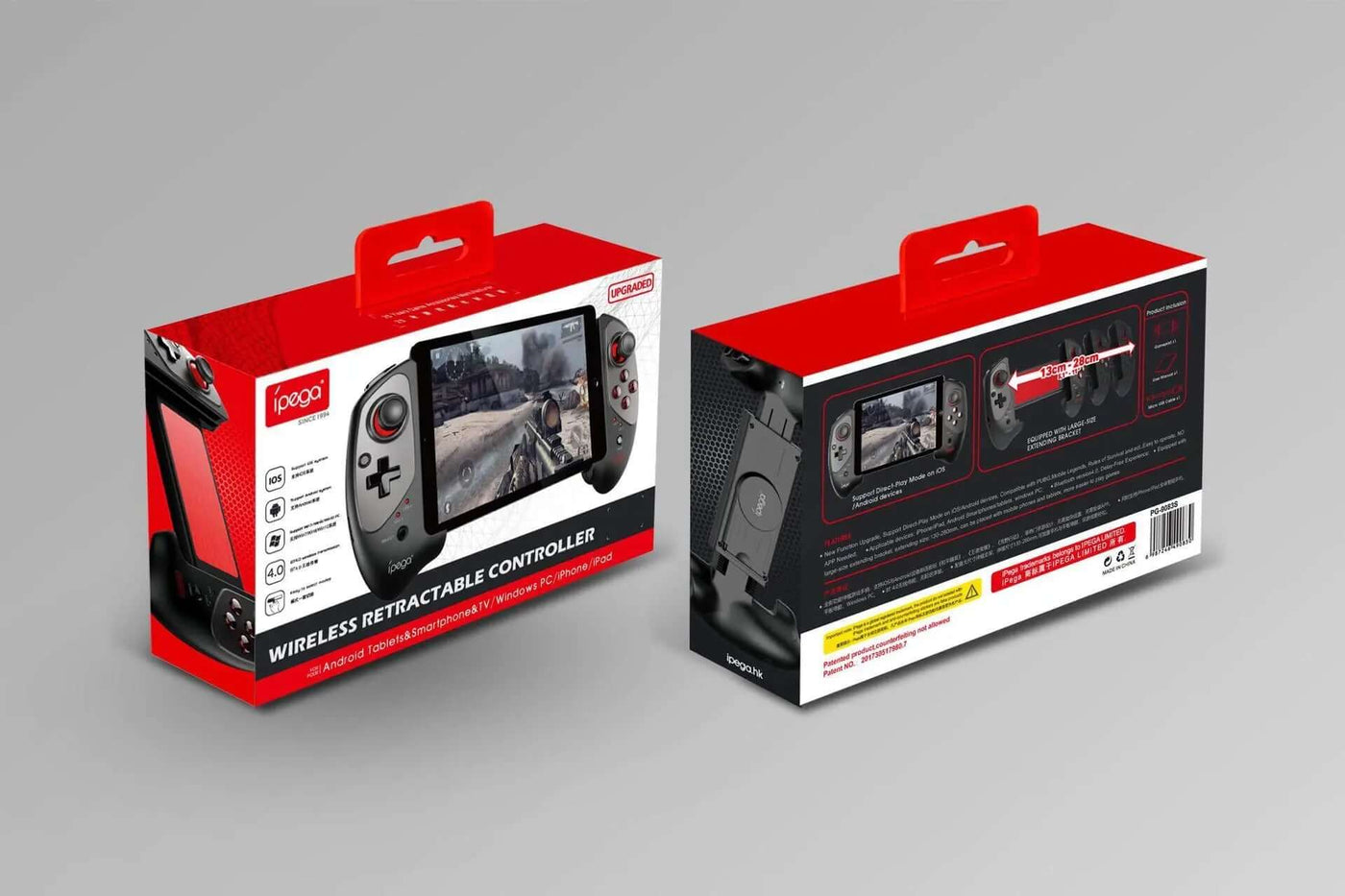 Red Bat Wireless Bluetooth Gaming Stretching Controller packaging design showcasing front and back views.