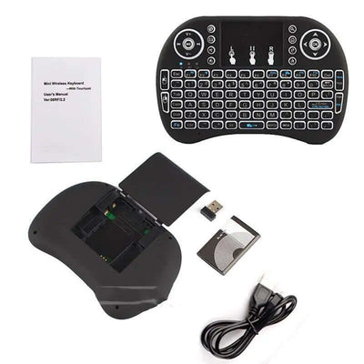 H9 Wireless Backlit Colorful Touch Remote Control Keyboard with USB receiver and manual.