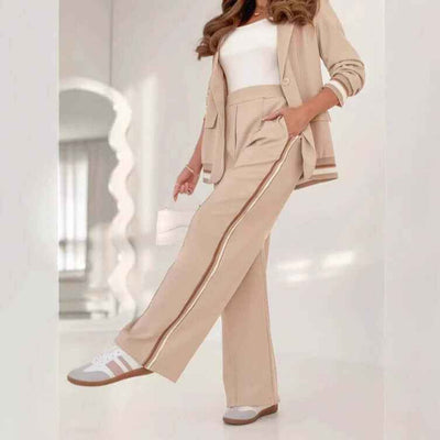 2 Pcs Set Women Suit Coat Pants Suit Lapel Long Sleeves Lady Jacket Wide Leg High Waist Trousers Female Commuting Office Outfit