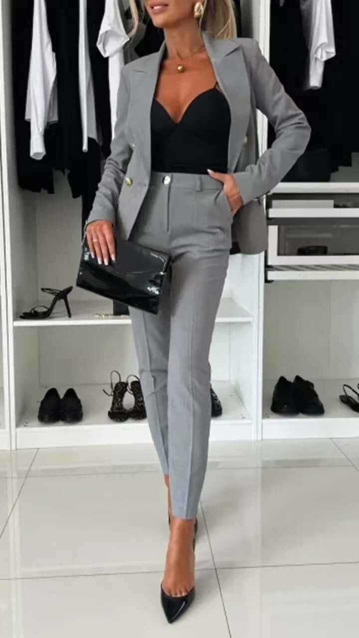 New All-matching Casual Suit Lapel Button-down Jacket And Slim-fit Trousers For Women's Office Business Set Clothing