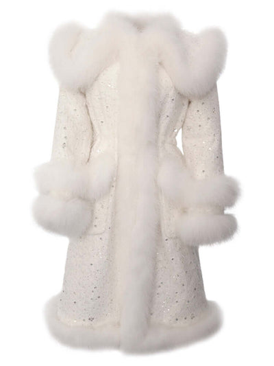 Women's Graceful And Fashionable Fox Fur Down Jacket Beaded Coat featuring fur collar and sparkling detail.