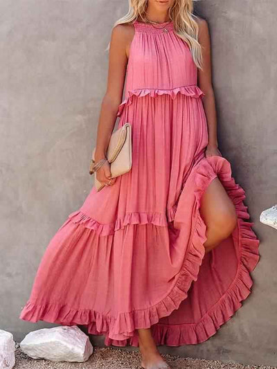 Summer Vacation Style Halter Neck Long Dresses Women Fashion Backless Leace-up Loose Ruffles Beach Dress Elegant Ladies Vestidos