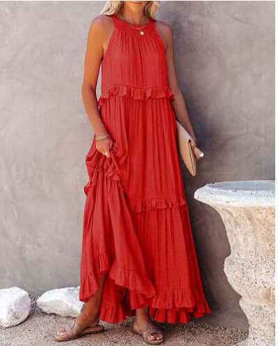 Summer Vacation Style Halter Neck Long Dresses Women Fashion Backless Leace-up Loose Ruffles Beach Dress Elegant Ladies Vestidos