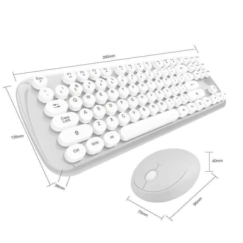 Wireless Keyboard And Mouse Set Girls Color Retro showing dimensions and design in white.