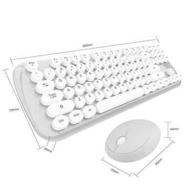 Wireless Keyboard And Mouse Set Girls Color Retro showing dimensions and design in white.