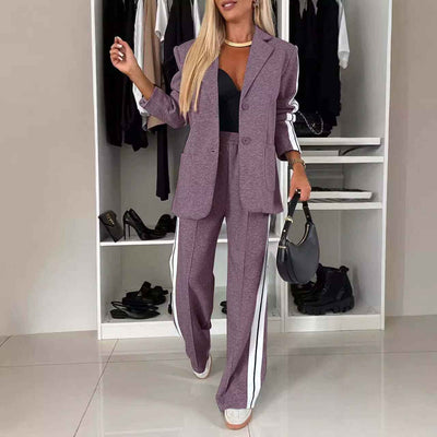 Women's Casual Suit Lapel Single-breasted Jacket And Striped Straight Pants Fashion Sports Trousers Suit Outerwears Clothing