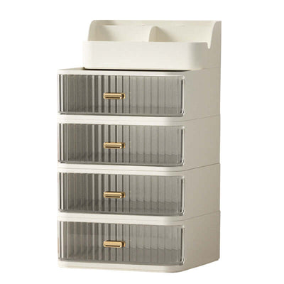 Desktop Drawer Cosmetics Storage Box with four transparent drawers and a top pen holder in elegant warm Milky White.