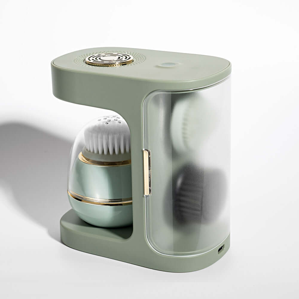 Electric Cleaner Facial Face Washing Silicone Beauty Instrument in green packaging with ultrasonic features.