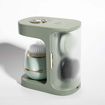 Electric Cleaner Facial Face Washing Silicone Beauty Instrument in green packaging with ultrasonic features.