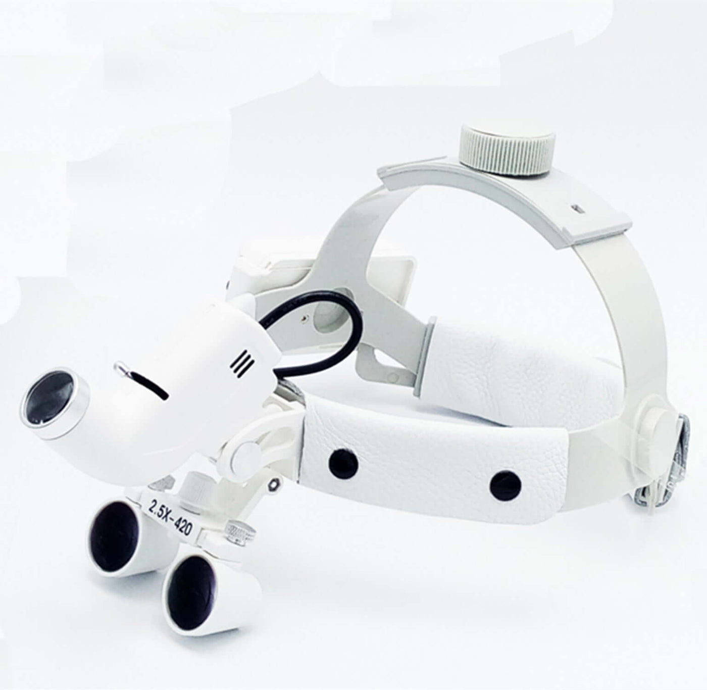 Head-mounted Medical Magnifying Lens LED Spotlight with adjustable magnification and LED lighting.