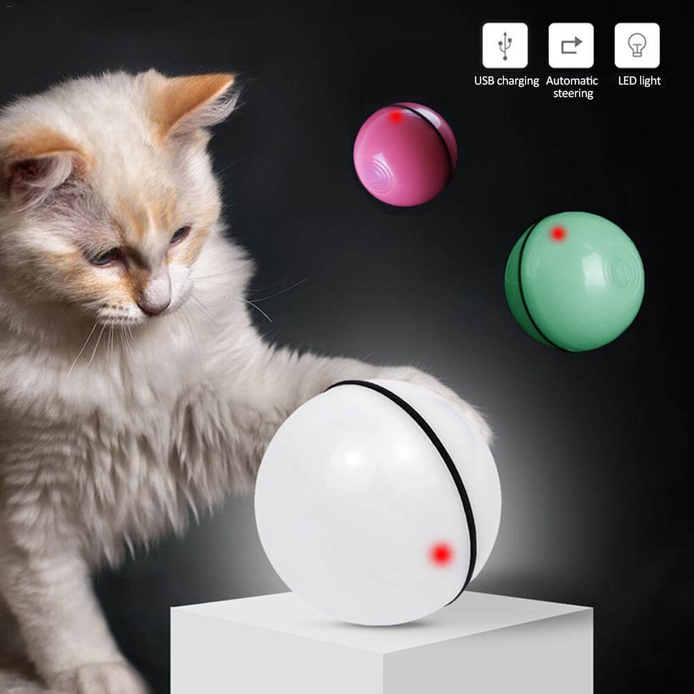 LED Laser Electronic Rolling Pet Funny Cat Toy Ball with USB charging features and LED light.
