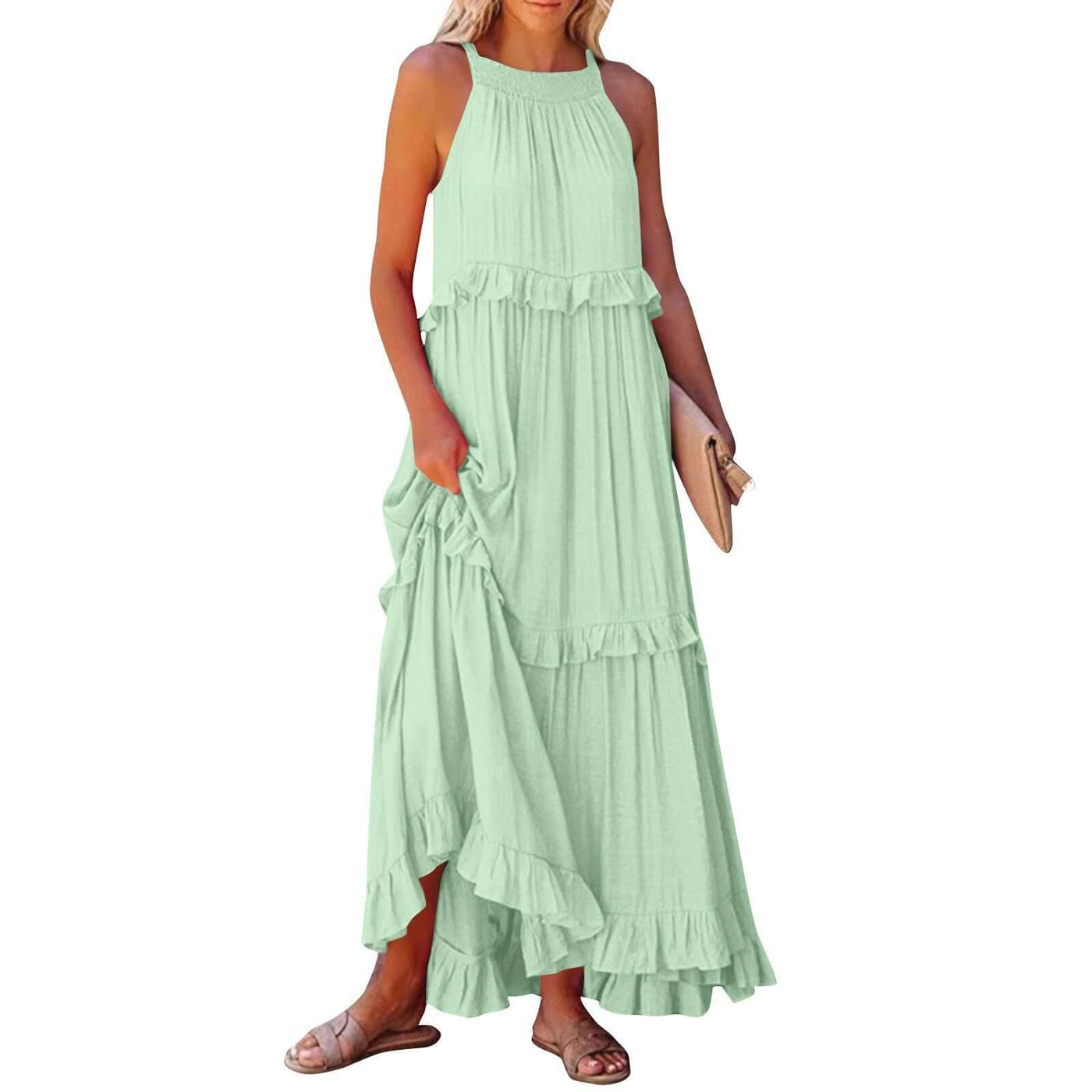 Summer Vacation Style Halter Neck Long Dresses Women Fashion Backless Leace-up Loose Ruffles Beach Dress Elegant Ladies Vestidos in mint green.