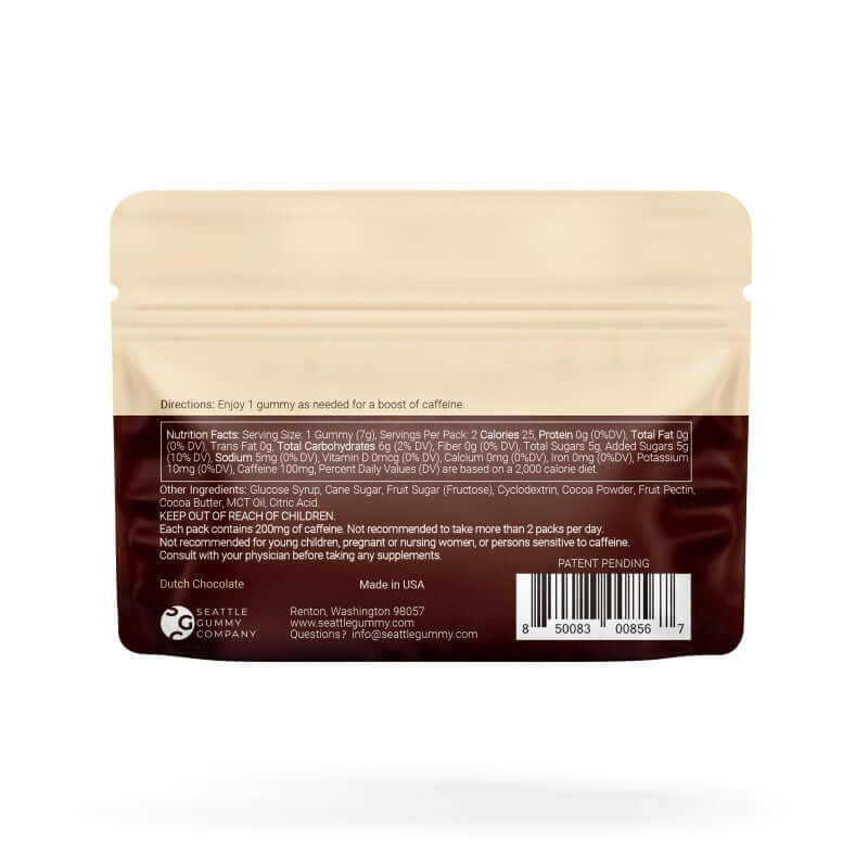 Coffee Gummy packaging showing nutritional information and directions for use.