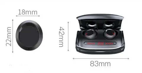 T11 Wireless Bluetooth Headset 5.0 Earbuds dimensions displayed with charging case and earbuds.