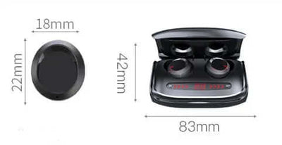 T11 Wireless Bluetooth Headset 5.0 Earbuds dimensions displayed with charging case and earbuds.