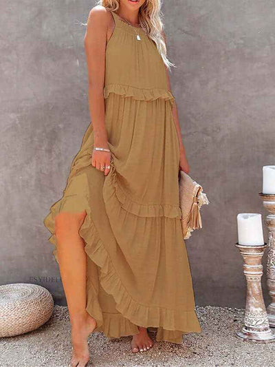 Summer Vacation Style Halter Neck Long Dresses Women Fashion Backless Leace-up Loose Ruffles Beach Dress Elegant Ladies Vestidos