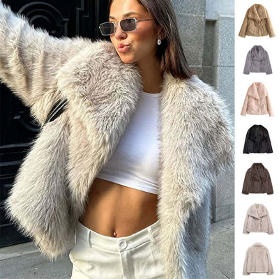 Women in Winter Plush Coat Fashion Warm Thicken Fluffy Lapel Jacket Outwear Casual Long Sleeve Tops with sunglasses.