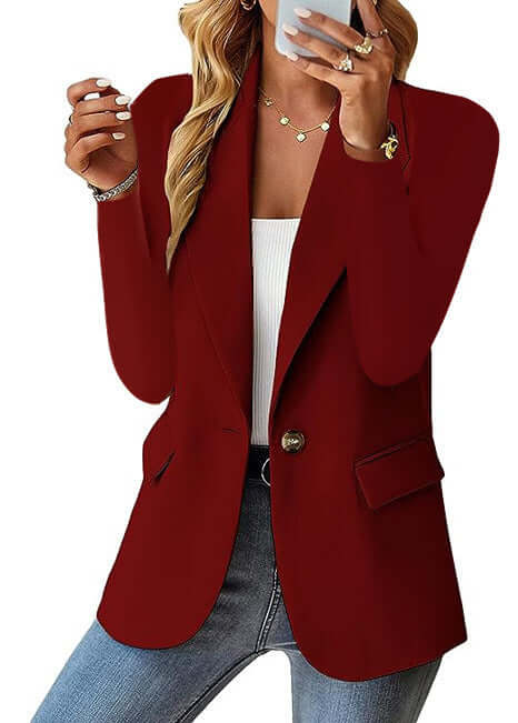 Women's Casual Suit Jacket Fashion Commuter Casual Suit in stylish red with pockets and regular sleeves.