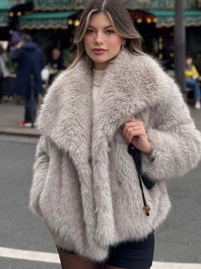 Winter Plush Coat Fashion Warm Thicken Fluffy Lapel Jacket Outwear Casual Long Sleeve Tops Womens Clothing worn by model in city.